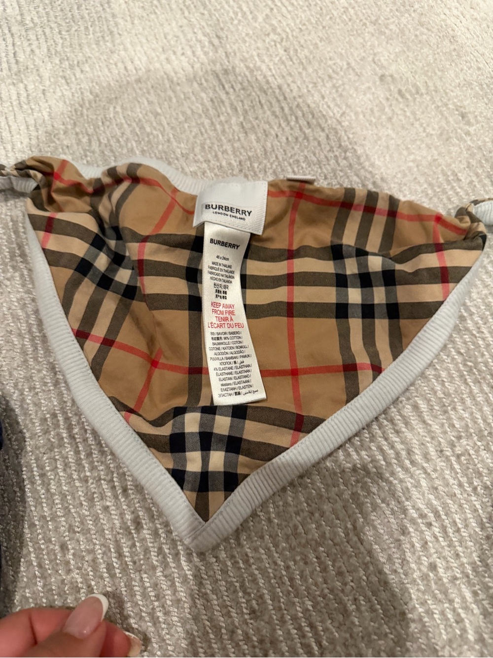 Burberry Tan Nova Check Triangle Scarf with Red and Black Accents
